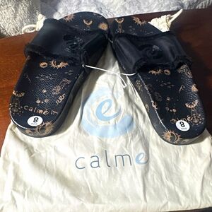 Johnny Was Calme Womens 8 Black PlushS Slip On’s Celestial Stars Cushioned Logo